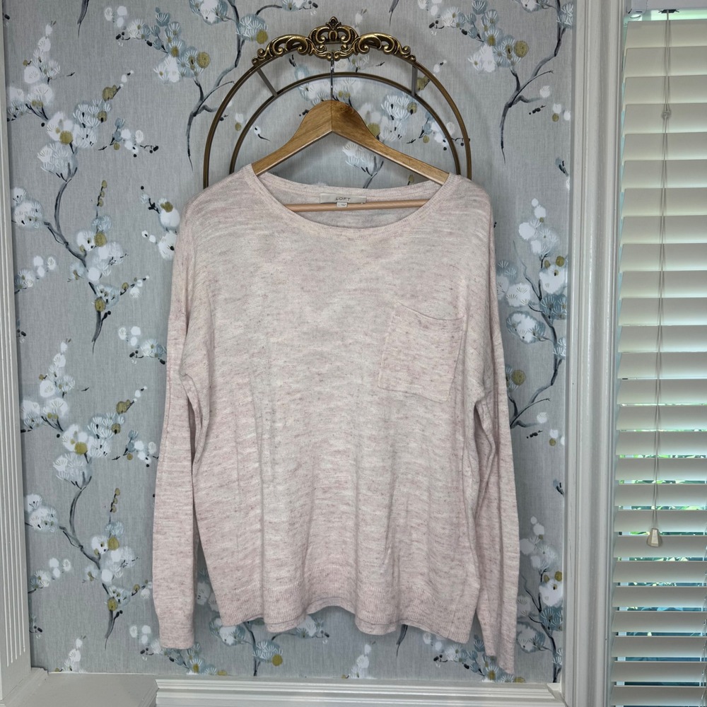 Loft Womens Space Dye Knit Crewneck Sweater Pink Linen Blend Pocket Large